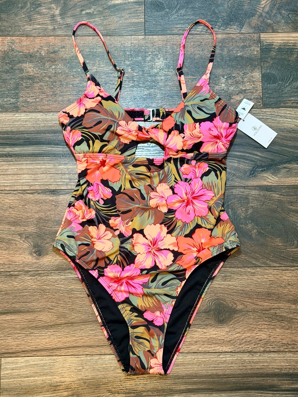 Volcom Tropical Floral One-Piece Swimsuit in Pink, Orange, Green, Brown, Black